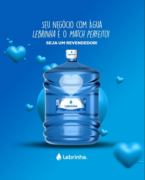 Material promocional autorizado da água mineral Lebrinha, com galão de 20 litros.