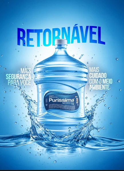 Material promocional autorizado da água mineral Puríssima, com galão de 20 litros.